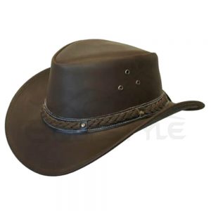 Down Under Leather Hat With Braided Hatband Brown