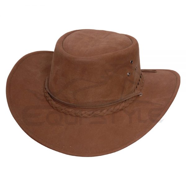Synthetic Brown Leather Hat With Braided Hatband