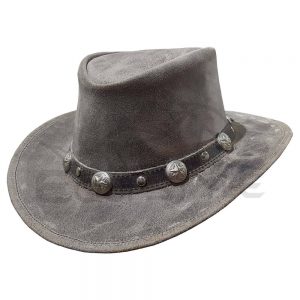 Distressed Leather Hat With Nickel Star Conchos