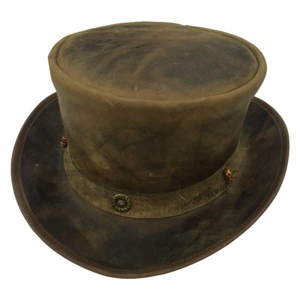Vintage Brown Leather Top Hats With Conchos & Bones Hatband