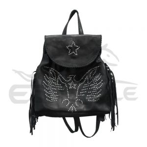 Black Leather Backpack Womens With Fringes