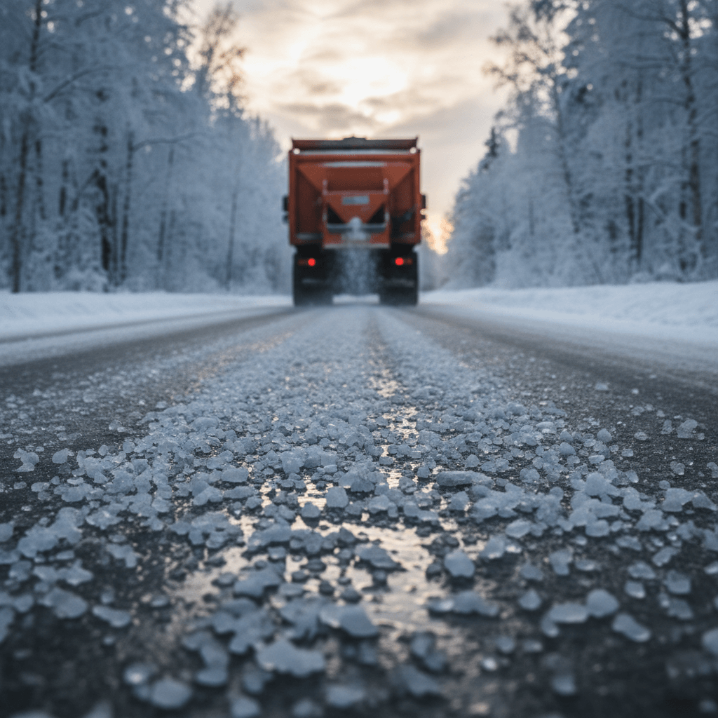 Bulk ice melt salt being spread on snowy roads for winter safety
