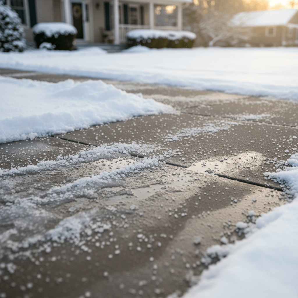 Driveway salt melting snow and ice on residential walkways