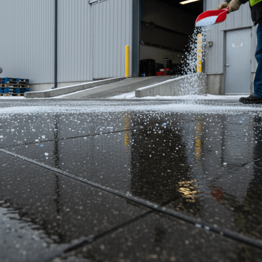 Industrial ice melt salt used for de-icing commercial and industrial areas