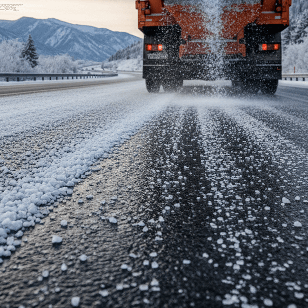 Rock salt being spread on snowy highways for safer winter driving