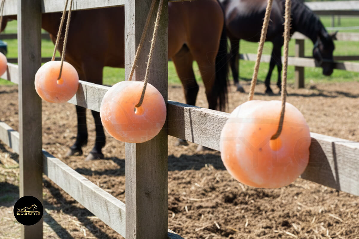 Himalayan salt lick blocks hanging outdoors, weather-resistant and durable for livestock