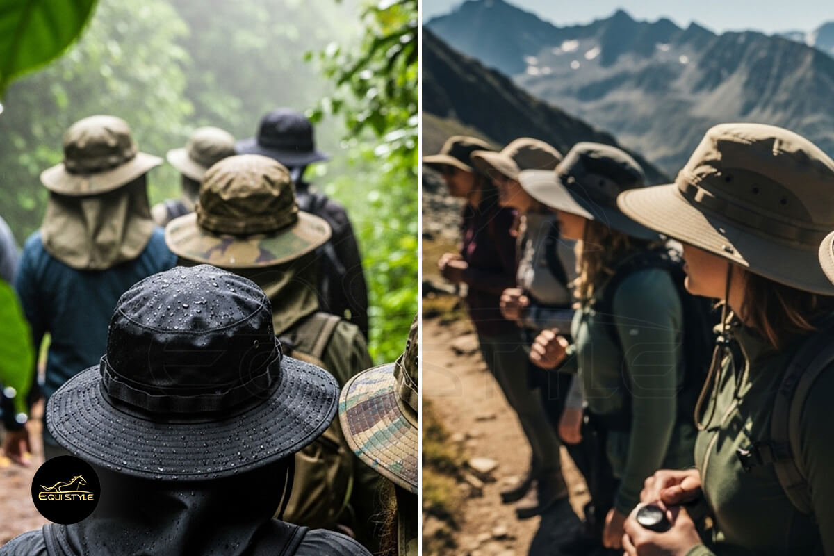 Ventilated and waterproof safari hats with chin straps for outdoor activities.