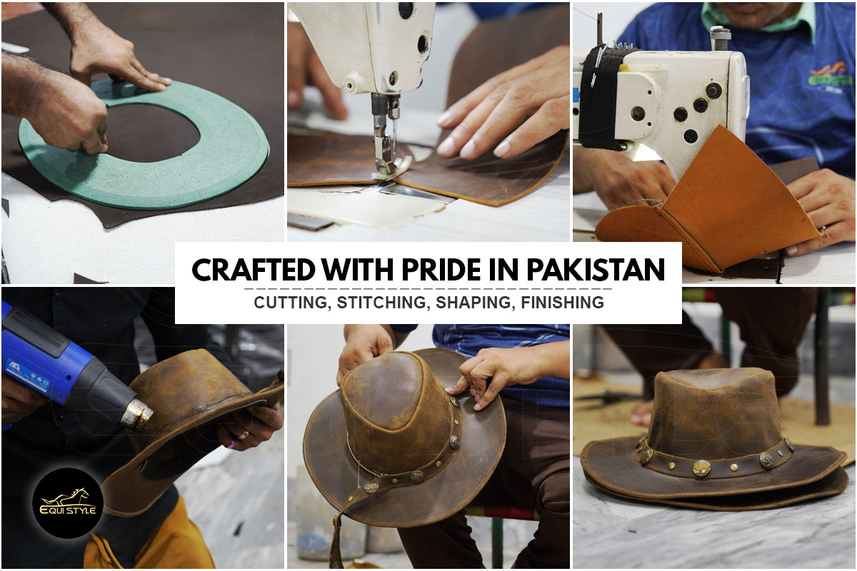 Leather cowboy hats manufacturing process cutting stitching shaping finishing Pakistan
