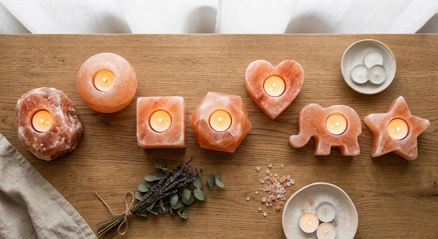 Handcrafted Himalayan salt candle holders in multiple decorative designs.